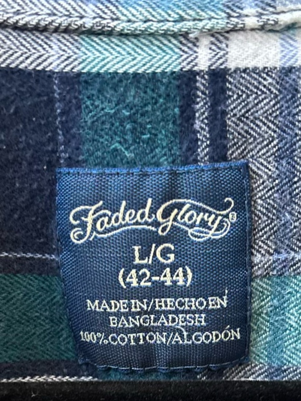 Faded Glory Teal Navy Plaid Flannel Shirt Size Large 14-16 - Picture 3 of 4